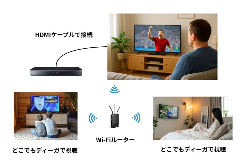 １台のディーガ（DIGA）で最大３台のテレビで同時視聴可能